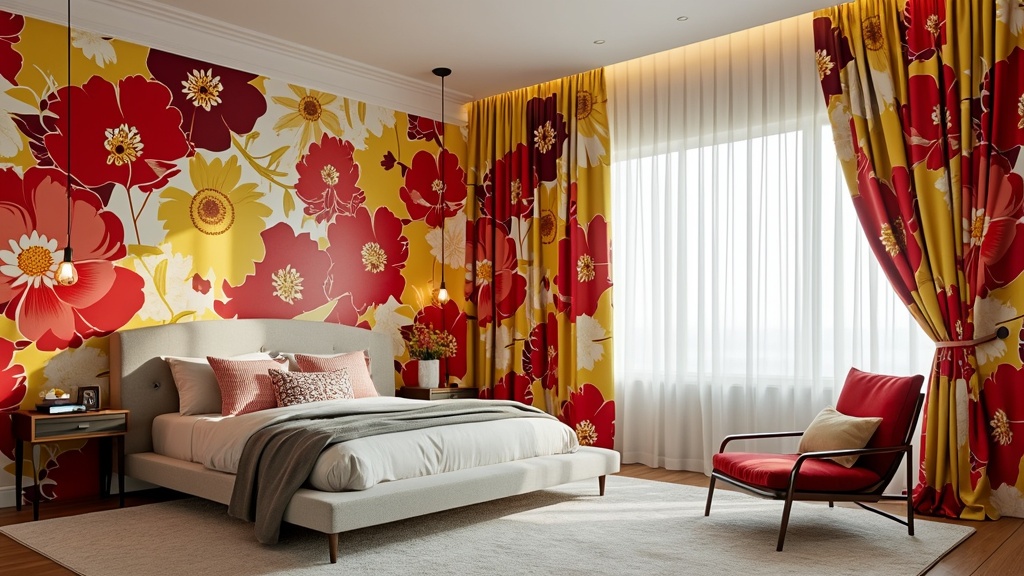 Oversized floral curtain in vibrant reds and yellows against neutral walls, adding elegance to a bedroom.
