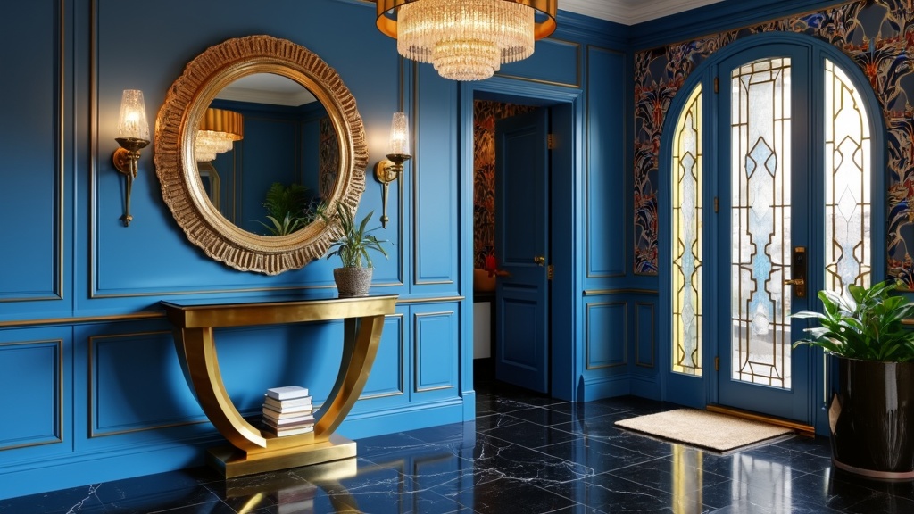 A bold Art Deco entryway with royal blue walls, gold trim, a curved console table, and geometric patterns.