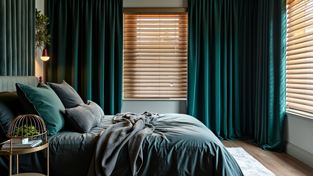 Bold bedroom design with dark jewel tone curtains, sleek metallic blinds, and elegant drapery.