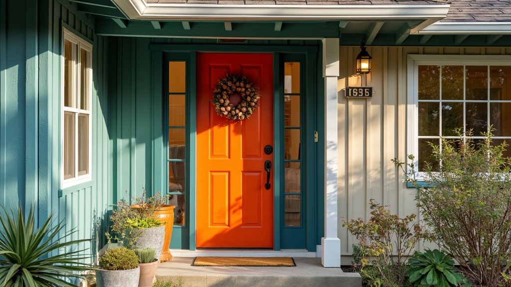 A vibrant front door in teal, orange, or red enhances a 70s ranch remodel and adds personality.