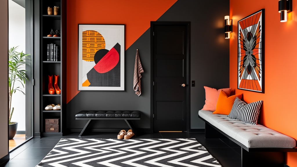 Bold geometric entryway featuring black and white design, vibrant orange accents, and contemporary art.