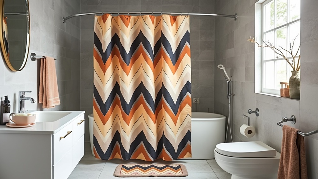 Bold geometric patterned shower curtain with chevrons, complemented by neutral towels and bathroom accessories.