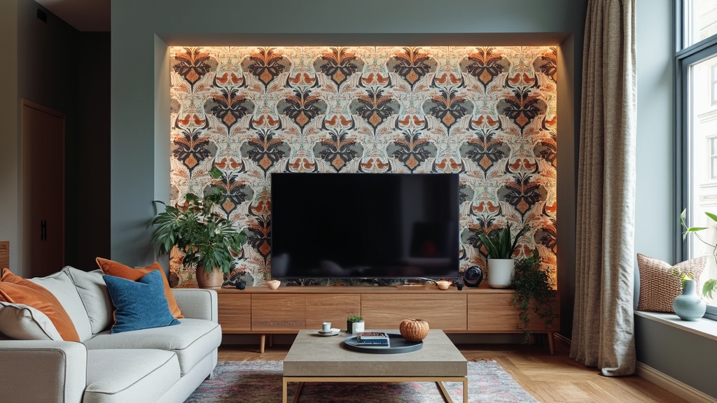 Living room with a bold paint hue behind a TV, creating a striking focal point and stylish decor.