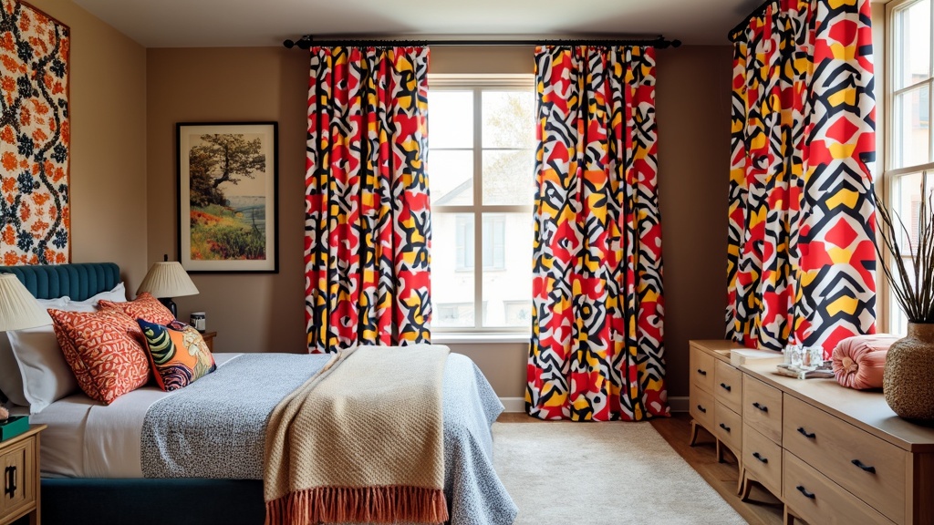 Bold patterned curtains in a neutral-toned bedroom, creating a lively focal point with geometric prints.