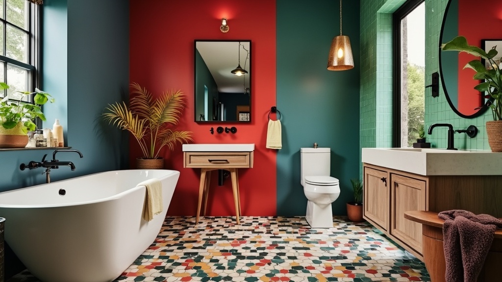 Bathroom featuring bold colors, white fixtures, artistic mosaic tiles, pendant lights, and quirky art decor.