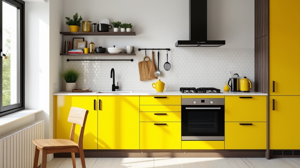 Bright yellow kitchen cabinetry with white accents, playful decor, and modern appliances create a vibrant space.