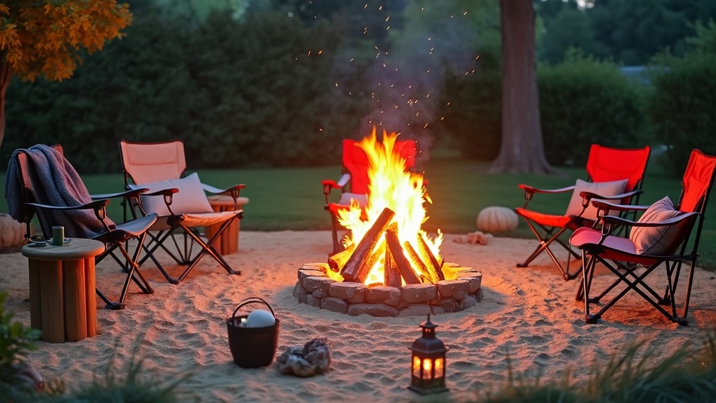 A cozy bonfire pit surrounded by sand, with chairs and lanterns for a charming outdoor gathering.