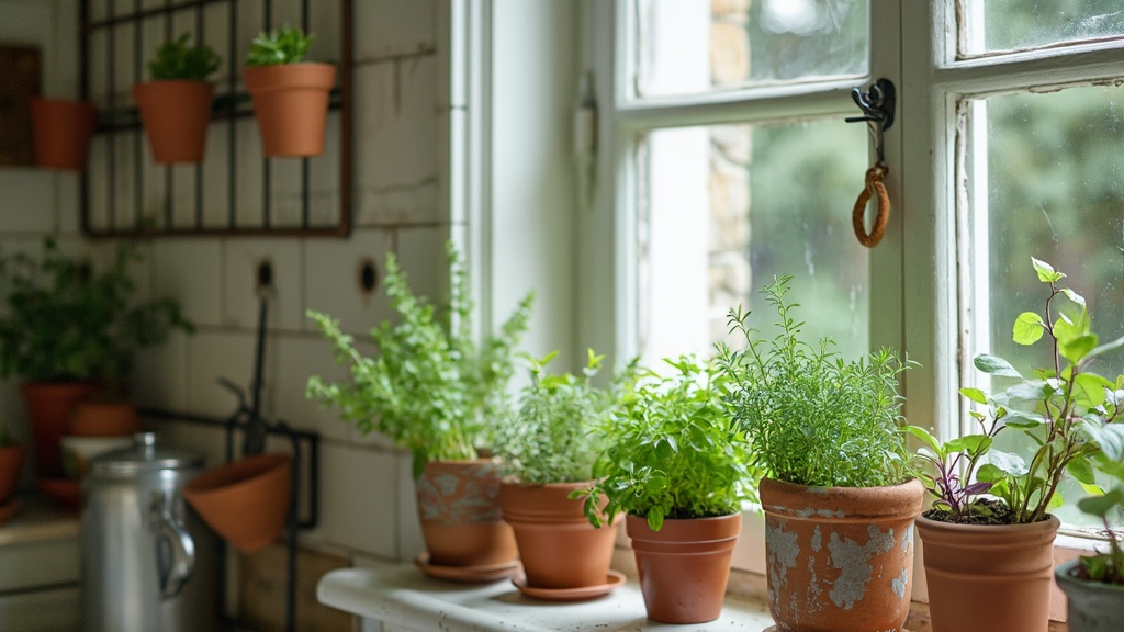 Vintage French kitchen with potted herbs on the window sill and hanging terracotta pots for charm.