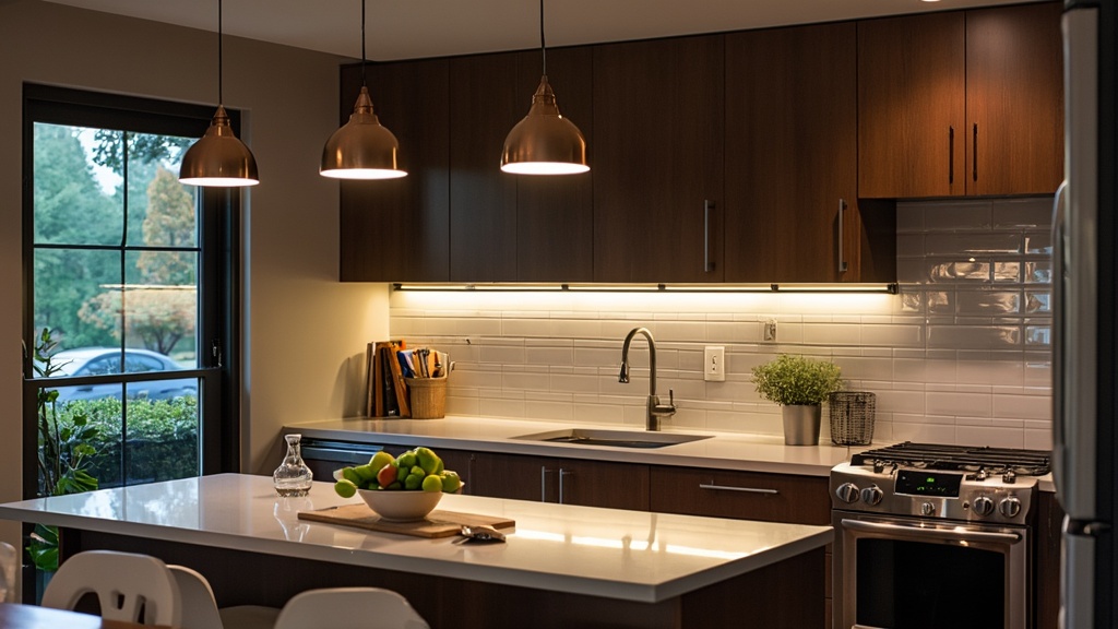 A well-lit galley kitchen featuring recessed ceiling lights and stylish pendant fixtures for ambiance.