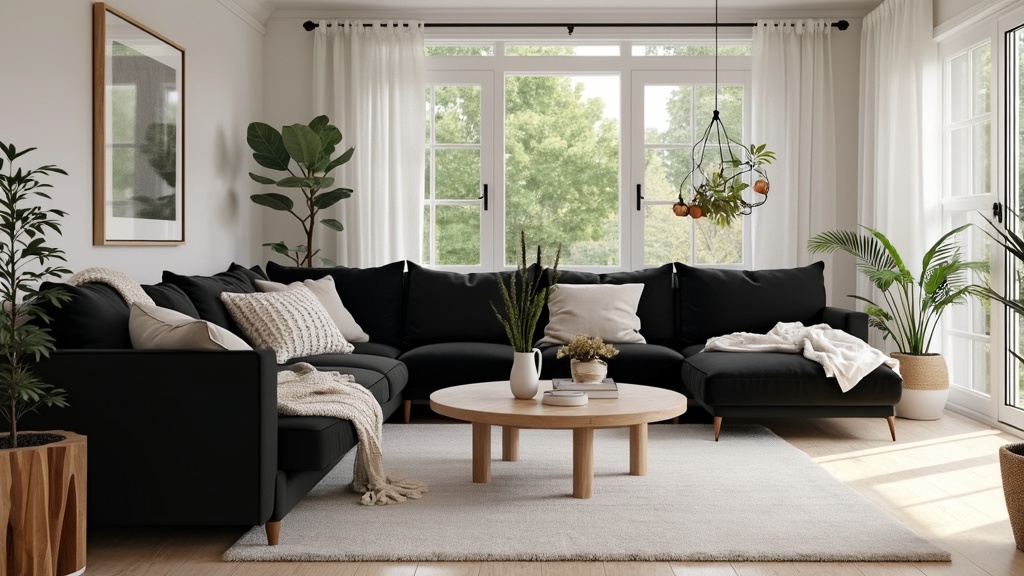Bright Scandinavian living room with black sectional, pale wood accents, cozy textiles, and natural light.