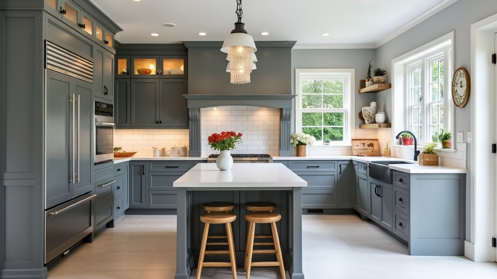 Modern kitchen with slate gray cabinetry, white countertops, ceramic flooring, and unique light fixtures.