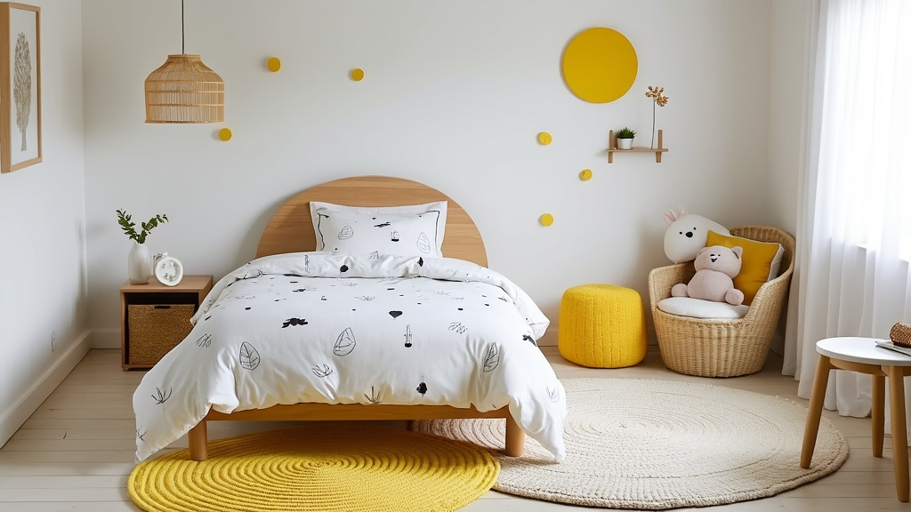 Minimalist room with white bedspread, soft yellow rugs, playful illustrations, and bright accents.