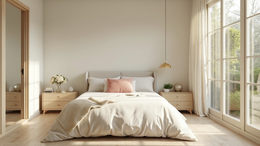Bright and airy room with neutral furnishings, large windows, sheer curtains, soft pastels, and minimal decor.