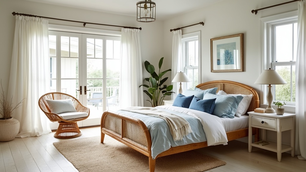 Scandifornian bedroom with wicker bed, ocean blue bedding, rattan chair, driftwood nightstand, airy decor.