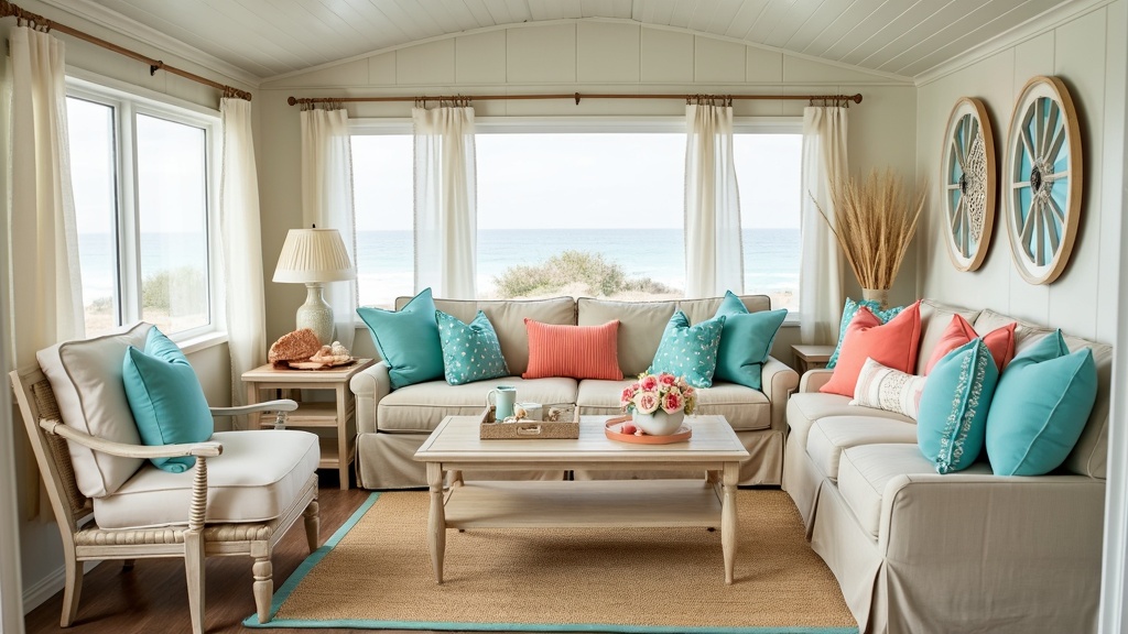 Bright coastal living room with soft whites, sandy beiges, turquoise and coral accents, and airy decor.