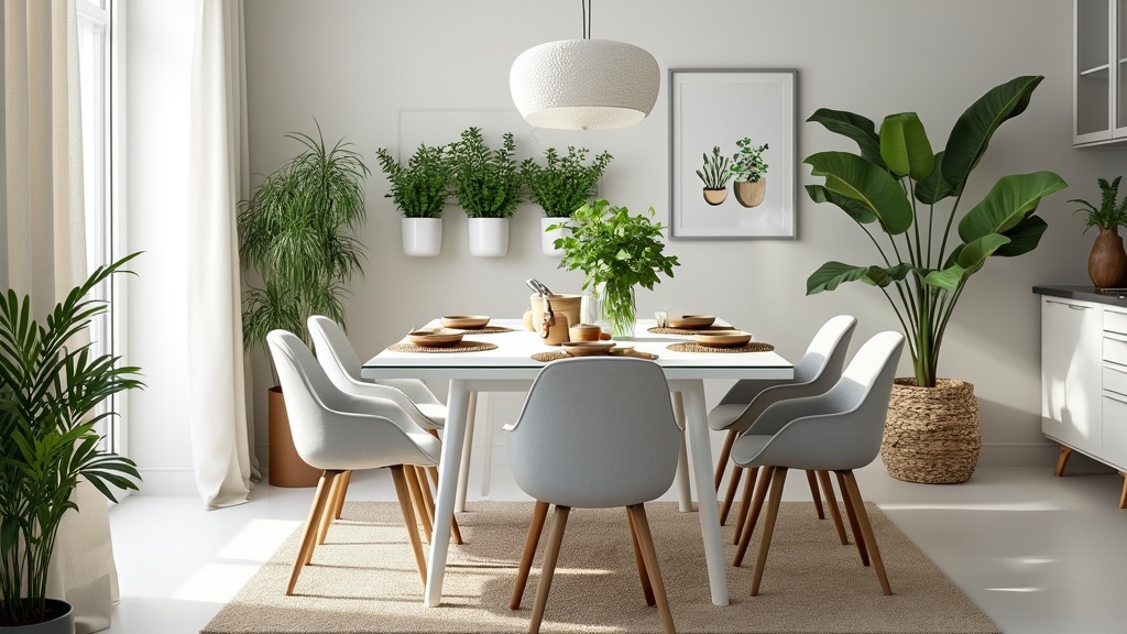 Bright Scandifornian dining room with white table, gray chairs, potted herbs, natural materials, and decor.