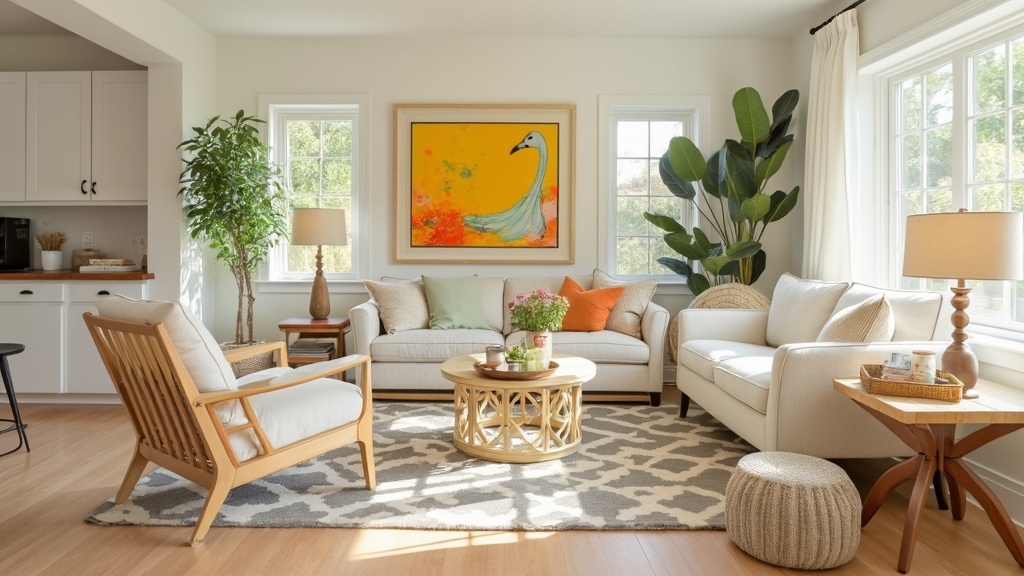 Bright, airy basement living room with light colors, large windows, mirrors, and cheerful accents.