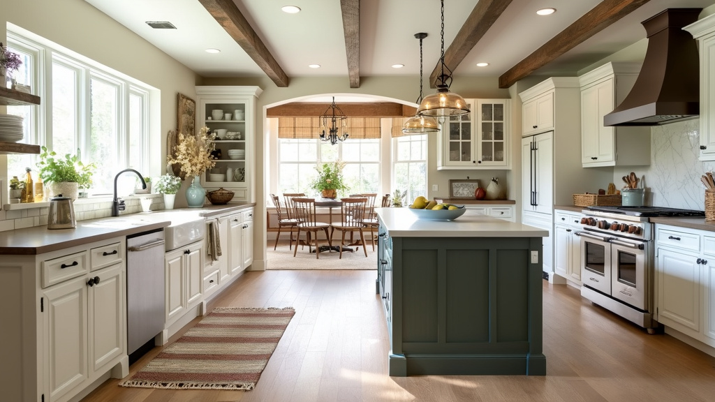 Bright farmhouse kitchen with white cabinetry, light wood floors, open windows, and vintage light fixtures.