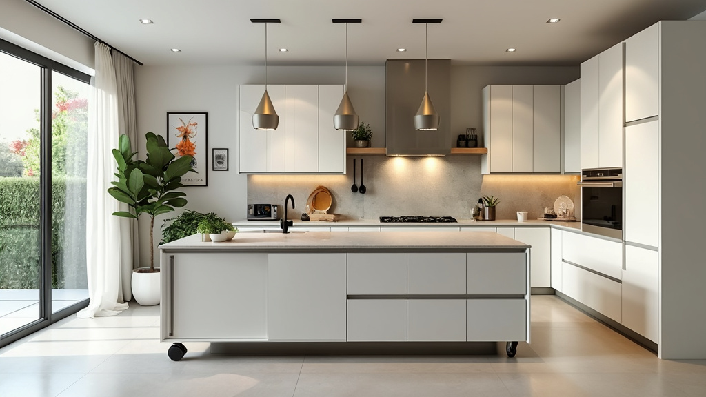 Bright transitional kitchen with all-white cabinetry, light gray countertops, rolling island, greenery, and artwork.