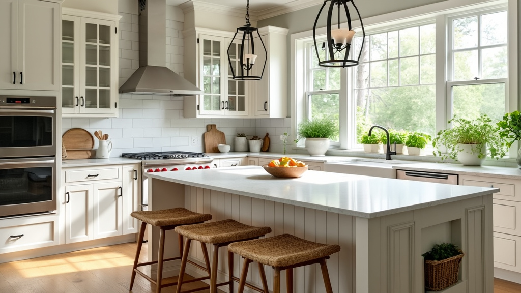 Bright, airy kitchen with large windows, white cabinetry, light wood accents, and stylish island with herbs.