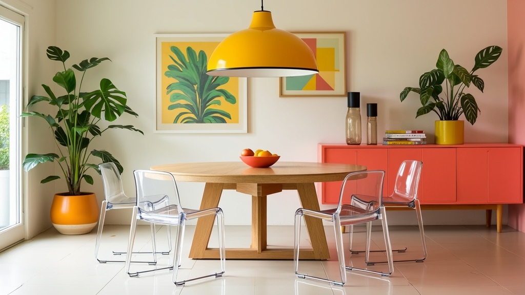 Bright Mid-Century Modern dining room with light oak round table, colorful decor, and clear acrylic chairs.