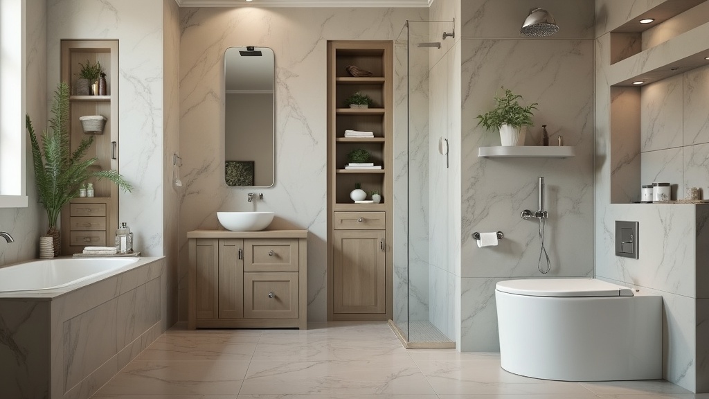 Image of a small bathroom showcasing built-in storage solutions, incl. shower niches and custom cabinetry.