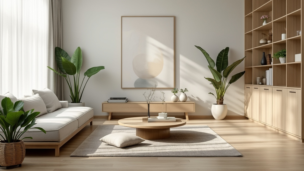 Refined living space with soft whites, cool greys, minimalistic sofa, wooden accents, plants, and art.