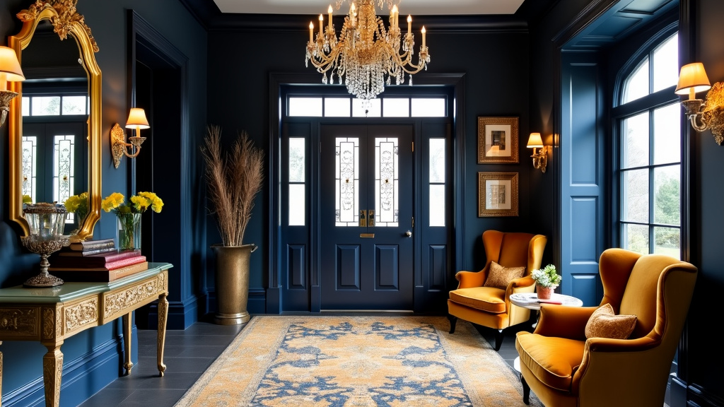 Captivating entryway design with navy walls, gold accents, glam chandelier, and vintage accessories.