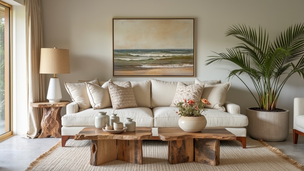 Casual elegance in Palm Beach style with linen sofa, rustic wood tables, and woven decor elements.