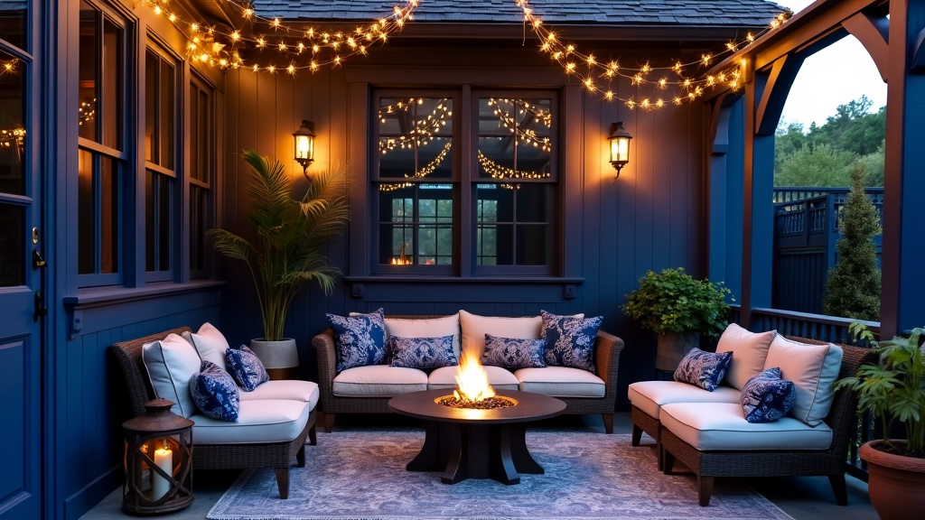 Whimsical patio with navy and gold accents, starlit fixtures, cozy seating, and celestial patterns.