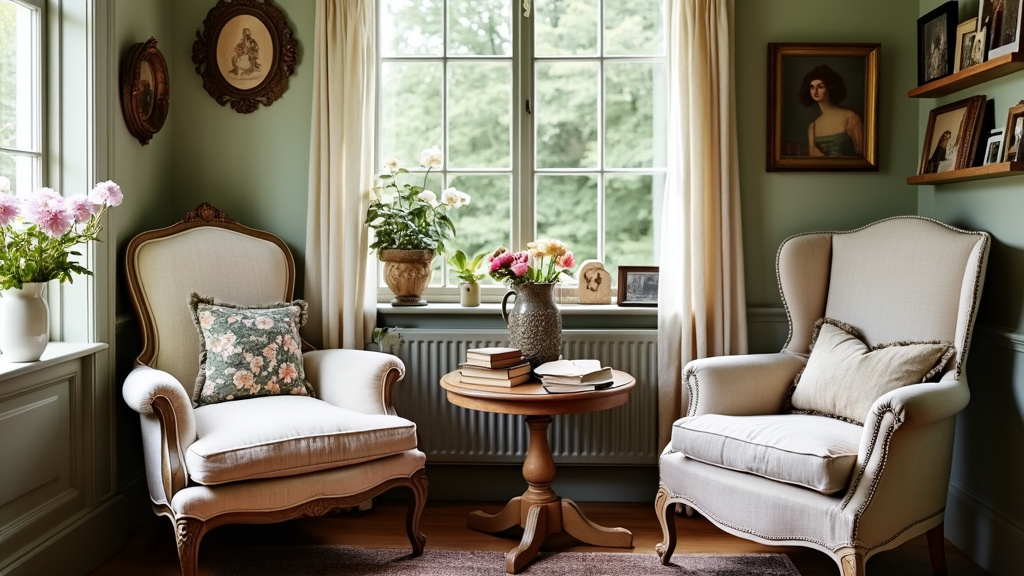 A charming vintage nook with mismatched antique chairs, pastel walls, and a coffee table with books.