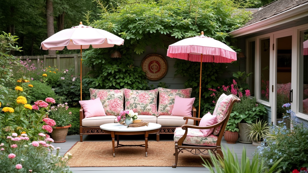 Charming patio adorned with colorful chintz fabrics, floral patterns, and vintage furniture amidst wildflowers.