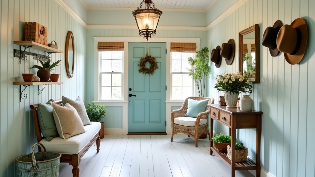 Cozy cottage entryway with soft colors, vintage decor, hat display, and fresh flowers on a console.