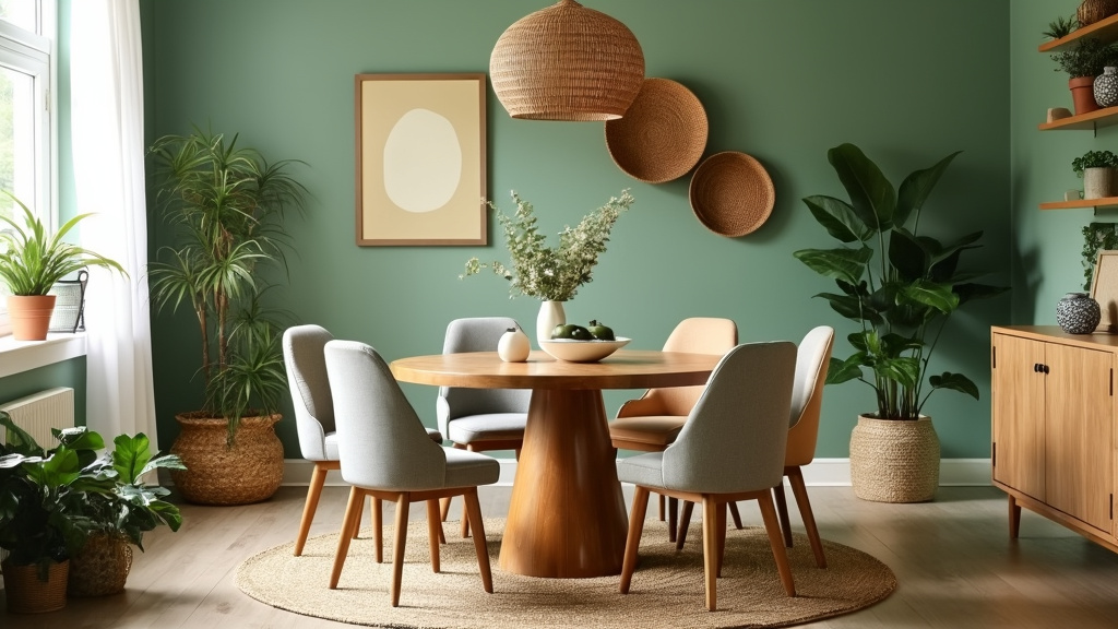 Cozy dining area with round wood table, high-back chairs, soft green walls, and decorative plants.