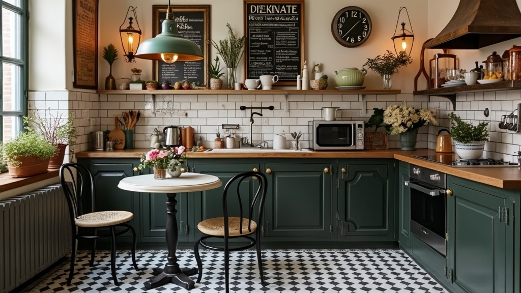 A charming kitchen styled like a French bistro with black and white tiles, café table, and vintage decor.