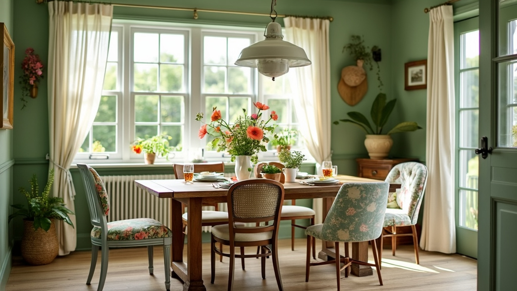 Charming garden-inspired dining room with a rustic table, floral centerpiece, and mismatched chairs.
