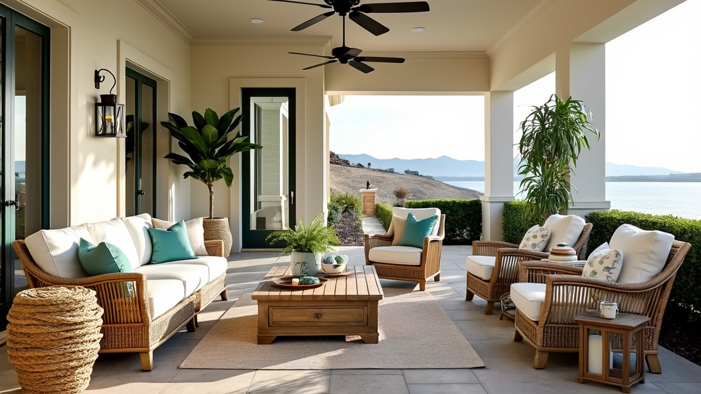 Chic coastal patio with airy decor, sandy colors, wicker furniture, nautical accents, and soft lantern lighting.