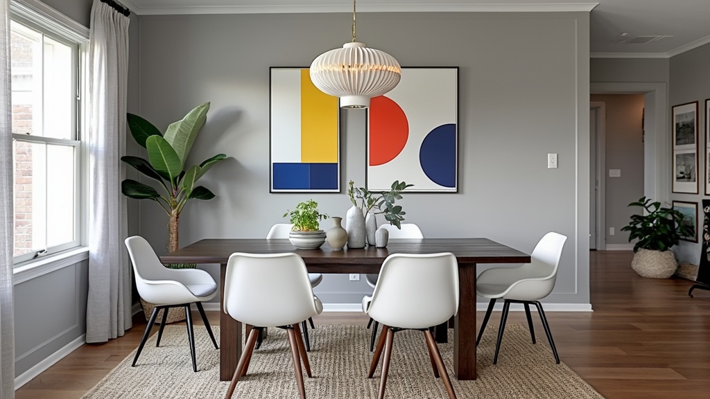 Mid-Century Modern Dining Room with dark wood table, white chairs, colorful decor, and geometric art.