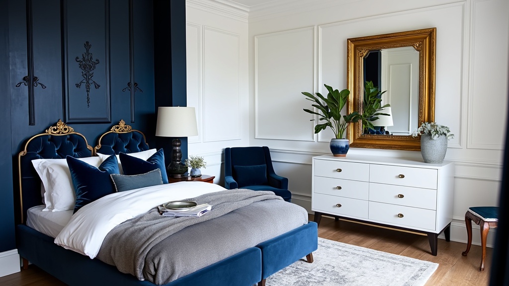 Modern-Victorian bedroom with white walls, navy accents, plush bed, antique brass furniture, and gold mirror.