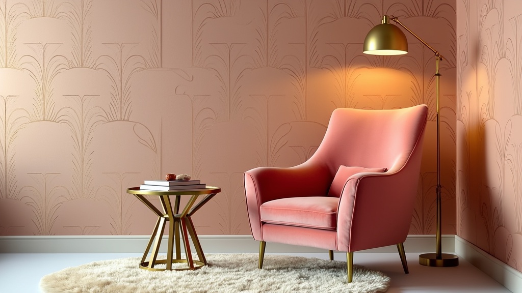Chic reading nook with coral chair, gold accents, Art Deco wallpaper, plush ivory rug, and brass lamp.