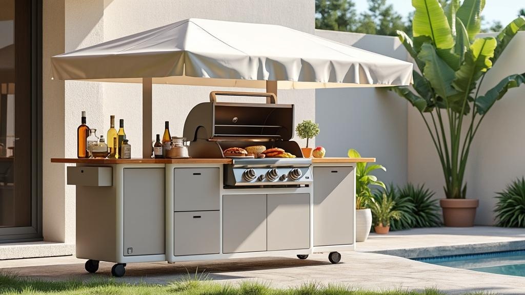 Chic portable outdoor grill island with foldable countertops and wheels, designed for versatility and comfort.