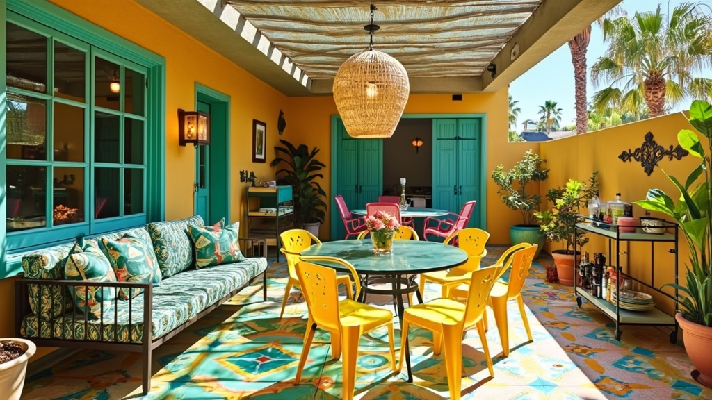Chic retro patio with geometric patterns, colorful tiles, a glass table, molded chairs, and a bar cart.