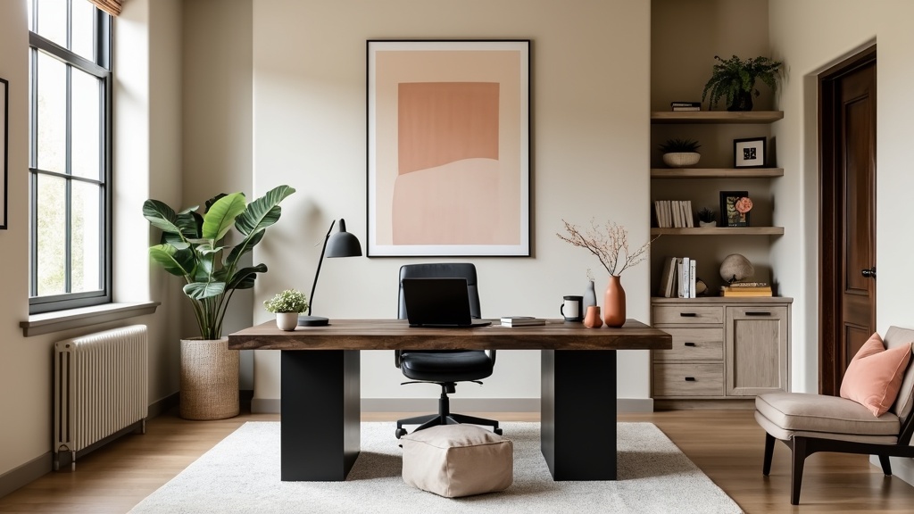 Chic rustic home office with black reclaimed wood desk, beige walls, pastel decor, and cozy reading nook.