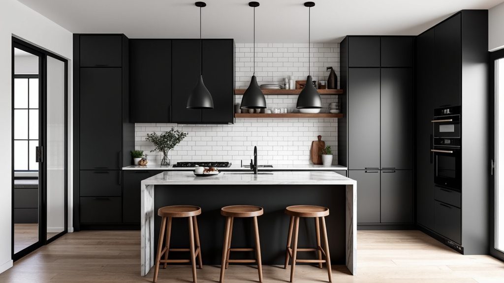 Chic black and white kitchen with matte black cabinets, white subway tiles, marble countertops, and wood accents.
