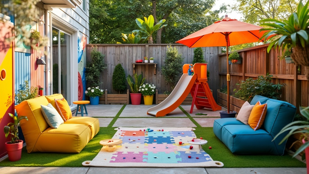 Child-friendly patio with a slide, sandbox, climbing wall, colorful cushions, and whimsical decor.