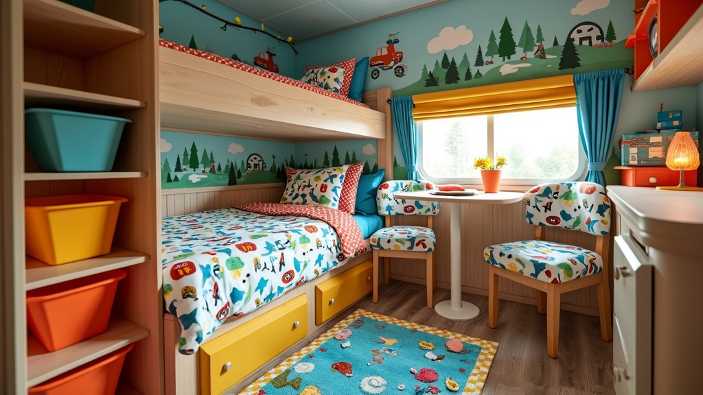A colorful RV bedroom transformed into a kids' adventure den with themed decor, bunks, and play areas.