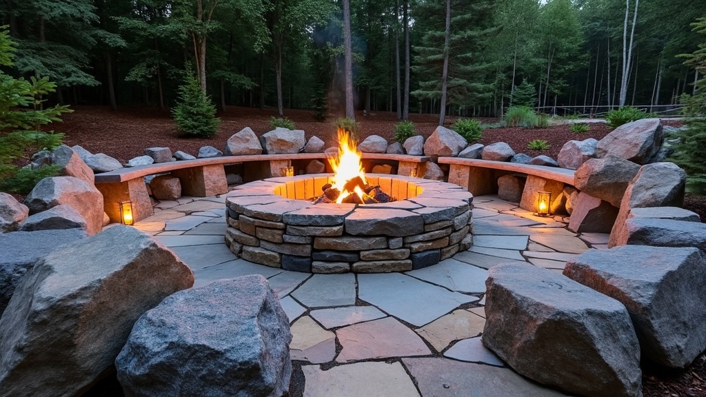 Circular stone fire pit surrounded by boulders, with natural seating and soft lighting for gatherings.