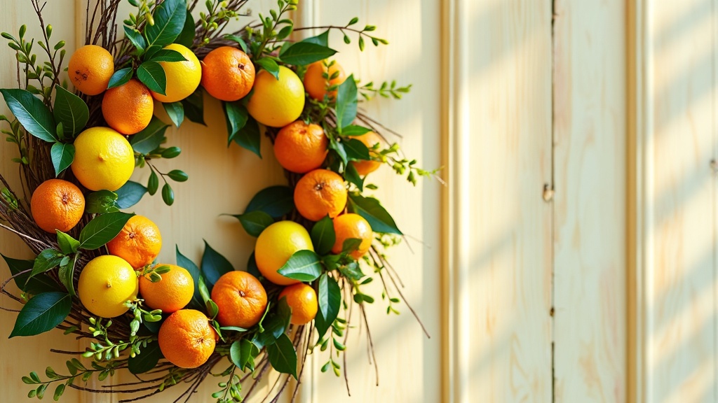 A vibrant citrus wreath made with faux oranges, lemons, and greenery, embodying a fresh spring vibe.