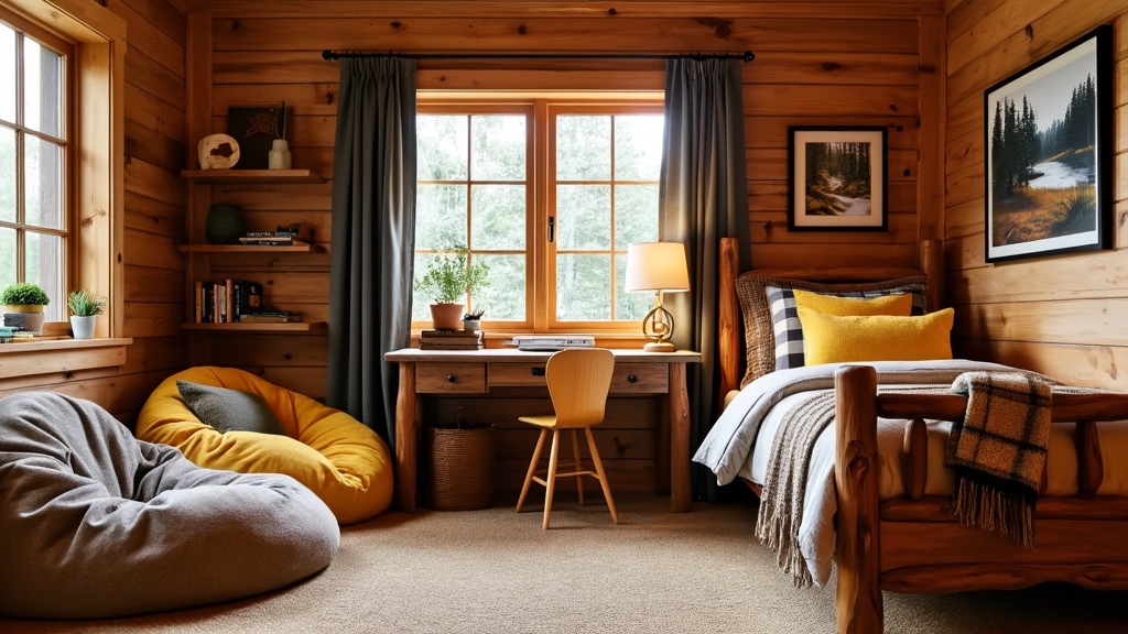 Cozy children's room with wood panel walls, rustic furniture, a log desk, oversized bean bags, and art.