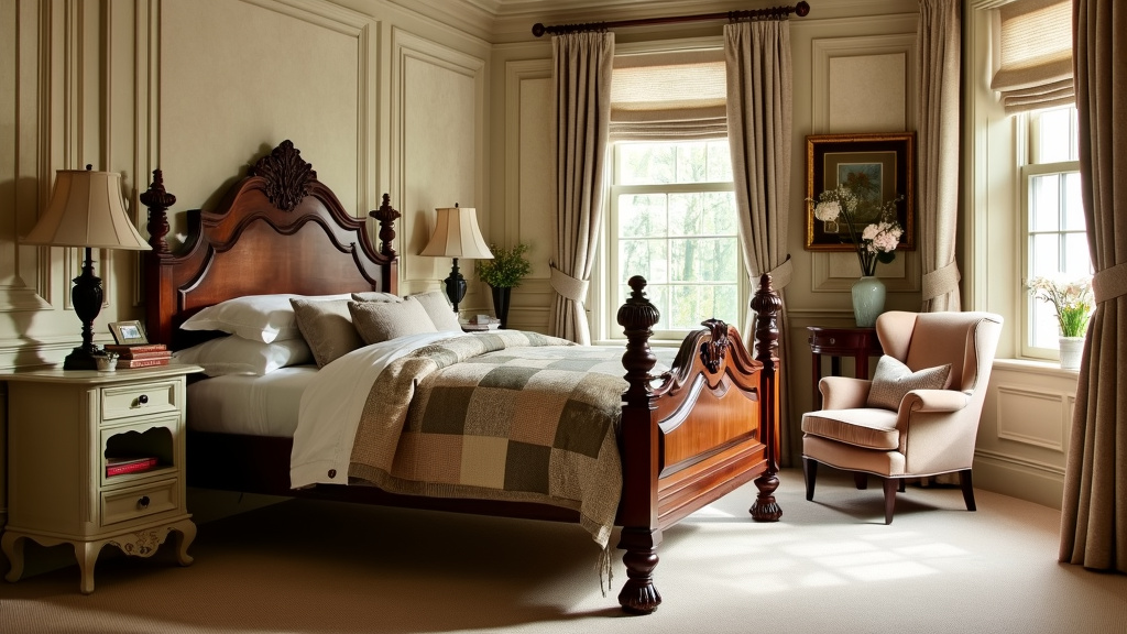 Victorian-style room with wooden bed, patchwork quilt, beige walls, vintage borders, and cozy reading nook.
